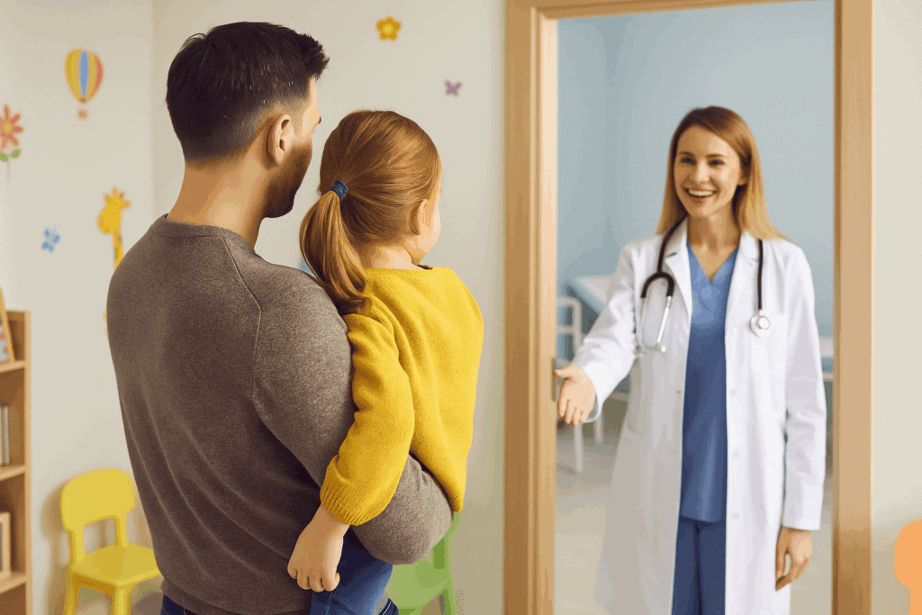 Kinderarzt bittet Vater und Kind in den Behandlungsraum